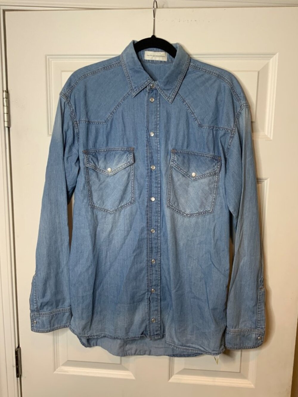 Faith Connexion Blue Chambray Denim Pearl Button-Up Shirt, Size S